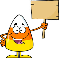 Funny Candy Corn Cartoon Character Holding A Wooden Board. Hand Drawn Illustration Isolated On Transparent Background