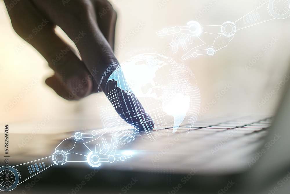 Aufkleber double exposure of robotics technology with world map hologram and hands typing on laptop on backgro