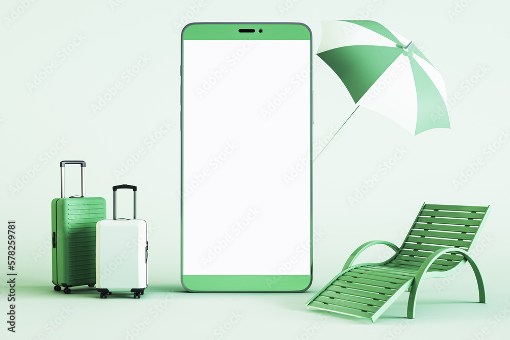 Poster creative cellphone with travel items. online trip booking concept on green background. mock up place