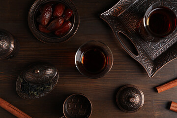 Concept of traditional turkish brewed hot drink, turkish tea, top view