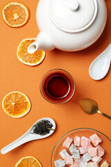 Concept of traditional turkish brewed hot drink, turkish tea, top view