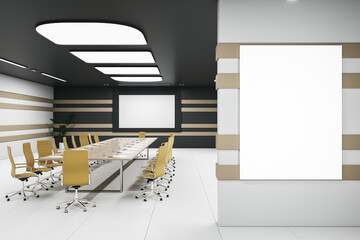 Clean meeting room interior with blank white mock up presentation poster and furniture. 3D Rendering.