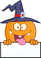 Witch Pumpkin Cartoon Character Over A Blank Sign. Hand Drawn Illustration Isolated On Transparent Background