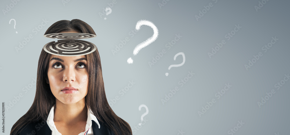 Poster abstract portrait of maze headed business woman on wide light background with mock up place and ques
