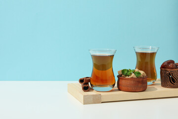 Concept of traditional turkish brewed hot drink, turkish tea, space for text