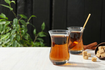 Concept of traditional turkish brewed hot drink, turkish tea, space for text
