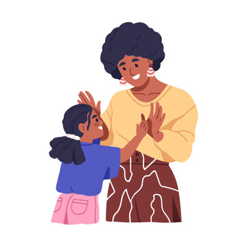 Happy mother and kid playing game, patty cake with hand palms. Mom and daughter child having fun, pattycake entertainment. Mum and girl. Flat vector illustration isolated on white background