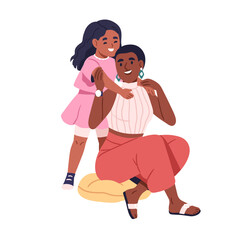 Mom and daughter hugging. Happy African-American mother and little girl. Black woman and kid. Child embracing parent with support, love, care. Flat vector illustration isolated on white background