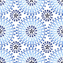 Cute blue and white pattern. Doodle style ornament. Grunge vintage texture. Vector illustration.