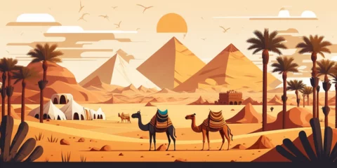 Foto op Canvas Egypt pyramids, cheops kefren and menkaure with camels in vector image cartoon vector image camels in desert © divo