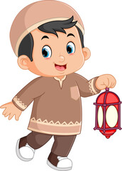 a smiling Muslim boy walking the streets and carrying a small lantern