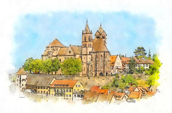 St Stephen&rsquo;s Cathedral in Breisach, Germany, watercolor sketch illustration.