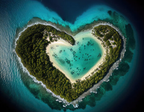 Paradise Island in the Shape of a Love Heart. Aerial Perspective, Holiday Concept. Generative AI.