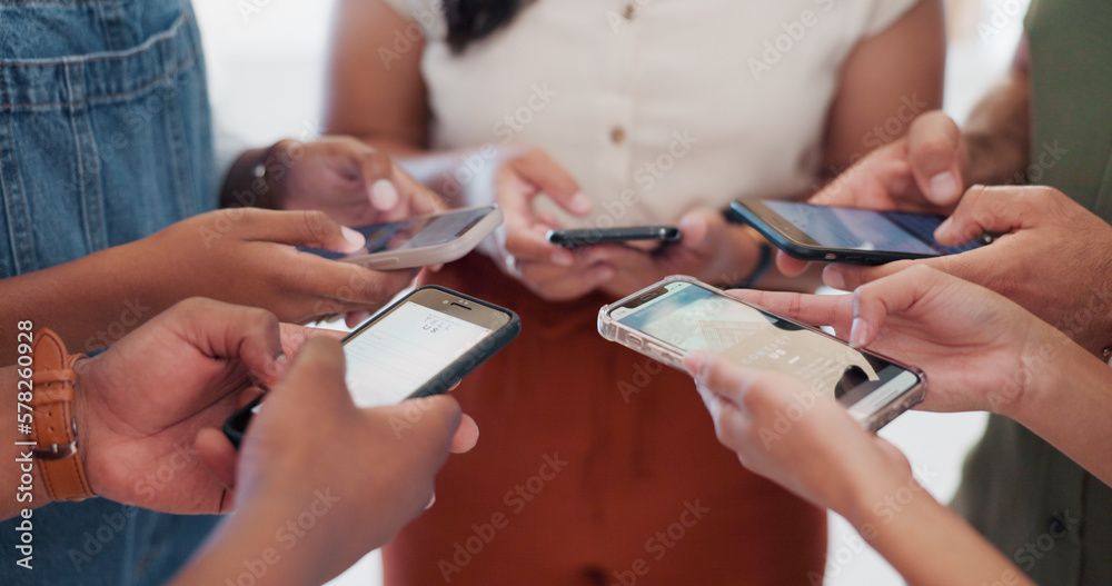 Aufkleber circle, phone or hands typing on social media as a community or group texting or searching content. 