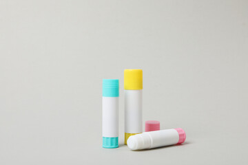 Concept of different office stationery with glue