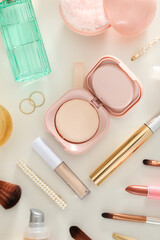 Concept of cosmetic and different female accessories, top view