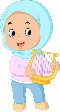a Muslim girl is happy playing the music harp