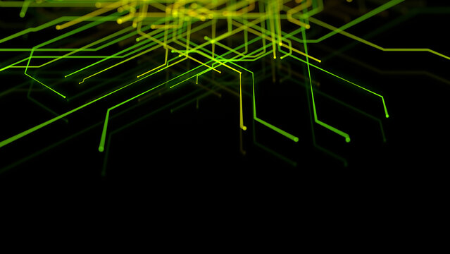 Green and Yellow Neon Lines form a Futuristic Technical Grid. Computing Concept with copy-space.