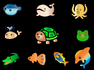 set of sea animals icons and emojis.