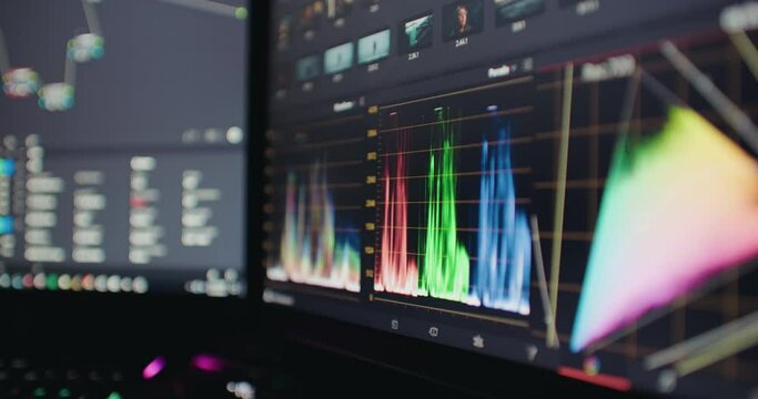 Video Editing Color Correction Interface on Computer Monitor Reveal. Post Production Processing Program Graphic Panel RGB Waveform Scopes Close up 4K