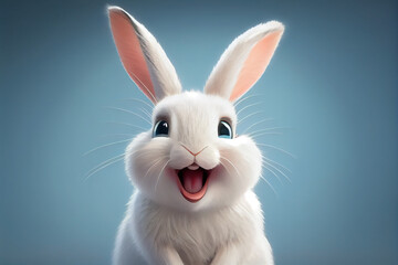 Obraz premium Cute white rabbit. Smiling fluffy bunny portrait. Generative AI