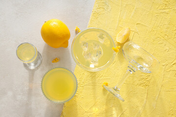 Concept of tasty drink, Limoncello, top view