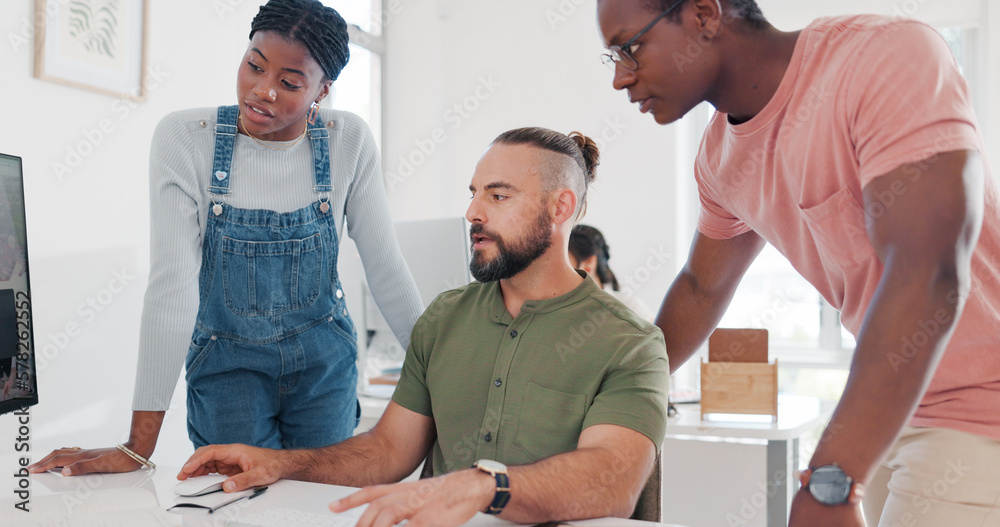 Poster training, coaching and business people with computer in office for helping coworker with project. te