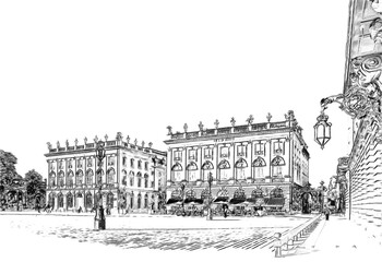 Stanislas Square in Nancy, France, pencil style sketch illustration.