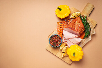 Concept of tasty food, ham, space for text