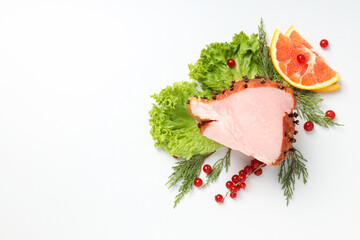 Concept of tasty food, ham, space for text