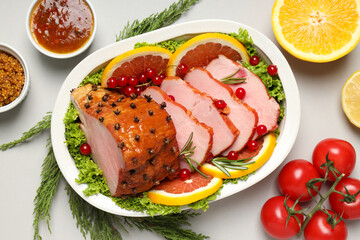 Concept of tasty food, ham, top view