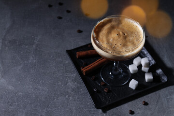 Espresso martini cocktail, delicious alcohol drink, space for text