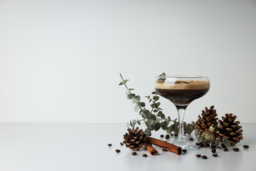 Espresso martini cocktail, delicious alcohol drink, space for text