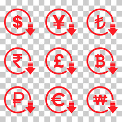 Cost reduction- decrease dollar euro icon. Vector symbol image isolated on background