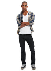 Young black man, studio portrait and arms crossed with confidence, attitude and style from Atlanta. Cool guy, fashion model and white background with confident style, clothes and handsome face