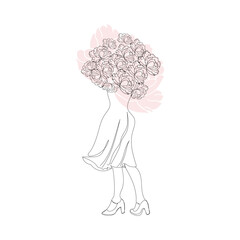 A woman with flowers, a large bouquet of peonies. The concept of Mother's Day, Women's Day, a greeting card for beautiful women. Outline