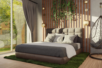 Fototapeta premium Cozy modern bedroom, inspiration from nature, eco style, natural products. Green plants, grass carpet, hanging chair, wooden panel, soft headboard. 3D rendering