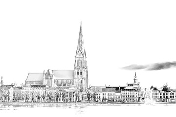 Schwerin Cathedral and the lakefront houses in Schwerin, Germany, pencil style sketch illustration white background.