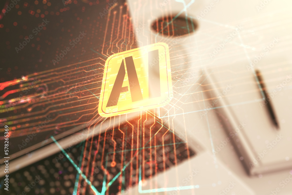 Aufkleber double exposure of creative artificial intelligence icon with modern laptop on background. neural ne