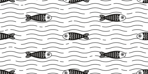 fish Seamless pattern wave vector tuna swimming salmon cartoon pet shark dolphin whale sea ocean gift wrapping paper scarf isolated repeat wallpaper tile background animal illustration doodle design © CNuisin
