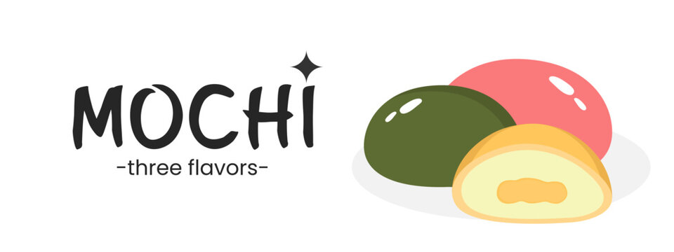 Cute Mochi Banner And Simple Colorful Japanese Food On White Background