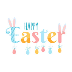 Colorful happy easter lettering with ears and easter eggs