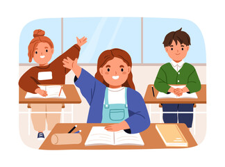 School kids students in class, sitting with hands raised up. Happy cute pupils children in classroom. Elementary children learners, little girls and boy characters at lesson. Flat vector illustration