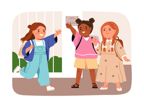 School kids friends. Cute happy girls children mates meeting, greeting with hi gesture. Little elementary schoolkids, classmates smiling, pupils waving with hands. Flat graphic vector illustration