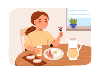 Happy kid at breakfast. Cute girl eating food, sitting at dining table in morning. Smiling little child enjoying fried eggs, bacon and orange juice in glass at home. Flat vector illustration