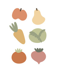 cartoon vegetables, fruit, decoration elements. Colorful flat vector illustration. design for prints, posters, cards