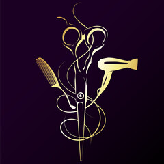 Golden scissors comb and hair dryer. Hair stylist and beauty salon symbol