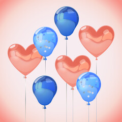 Bright pink and blue balloons on light. Cartoon background for birthday. Design for flyers, invitation cards. Holiday decor. Shiny cute poster.