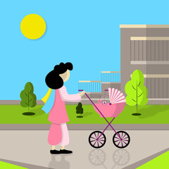 Mamika vector, cartoon, woman, people, fun, illustration, baby, children, kids, mother, family, art, park, sky, tree, drawing, child