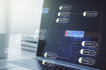 Multi exposure of abstract graphic coding sketch on modern computer background, big data and networking concept